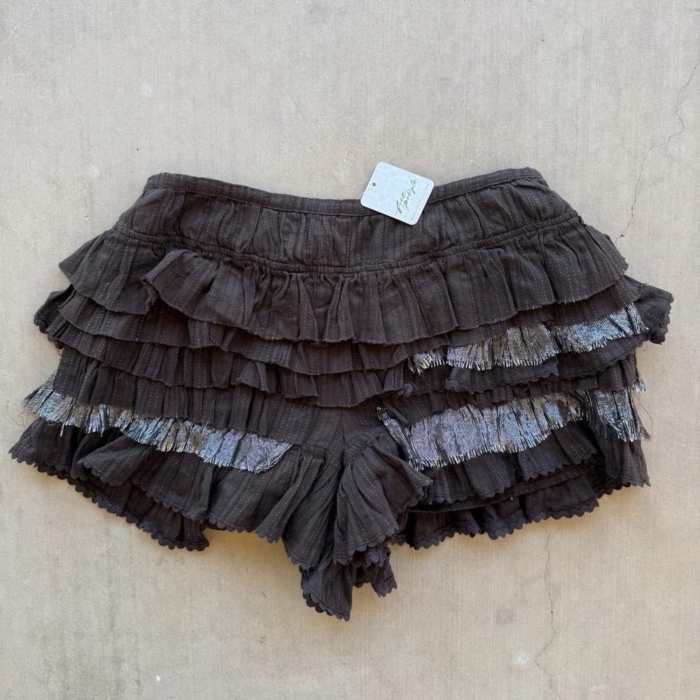 Free People Ruffle Bloomer Shorts S Brown Metallic Tiered Boho NWT